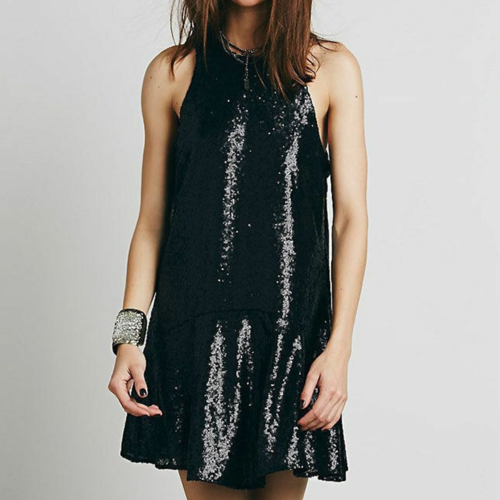 Free People Black Liquid Shine Sequin Dress XS